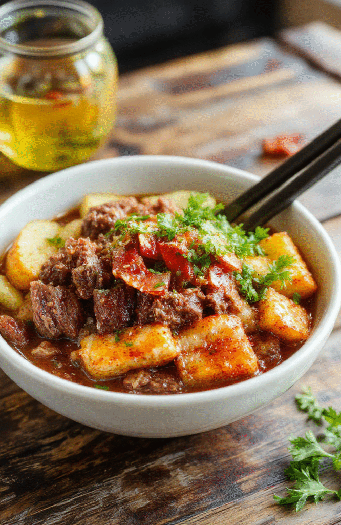 A vibrant Korean ground beef bowl served in a white ceramic plate, topped with chopped green onions and sesame seeds. The dish showcases seasoned minced beef, stir-fried vegetables, and fluffy rice, with bright red chili flakes and fresh herbs adding colorful accents. The presentation is minimalistic yet appetizing, styled casually for a cozy dinner setting.