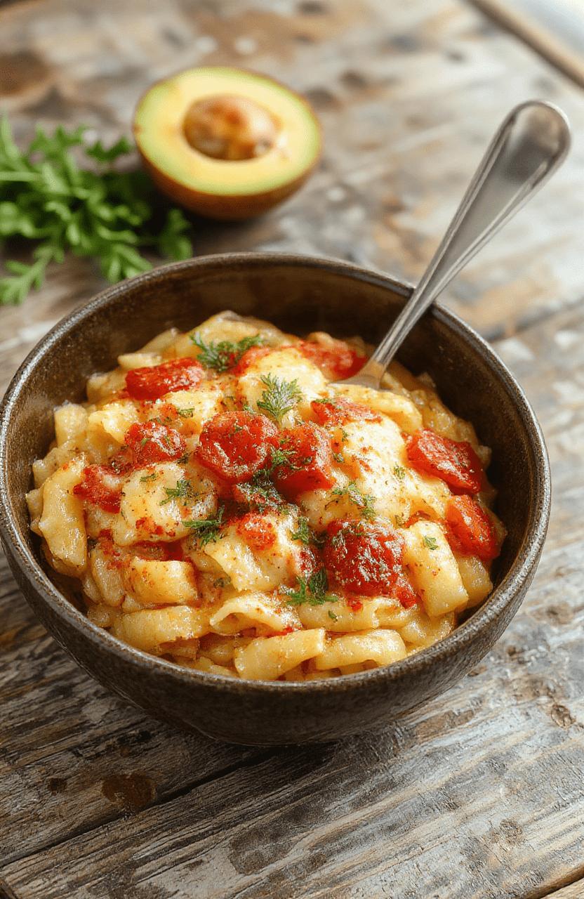 A vibrant plate of cooked orzo pasta topped with fresh herbs and colorful cherry tomatoes, artfully plated on a rustic wooden surface with natural lighting highlighting the textures and colors.