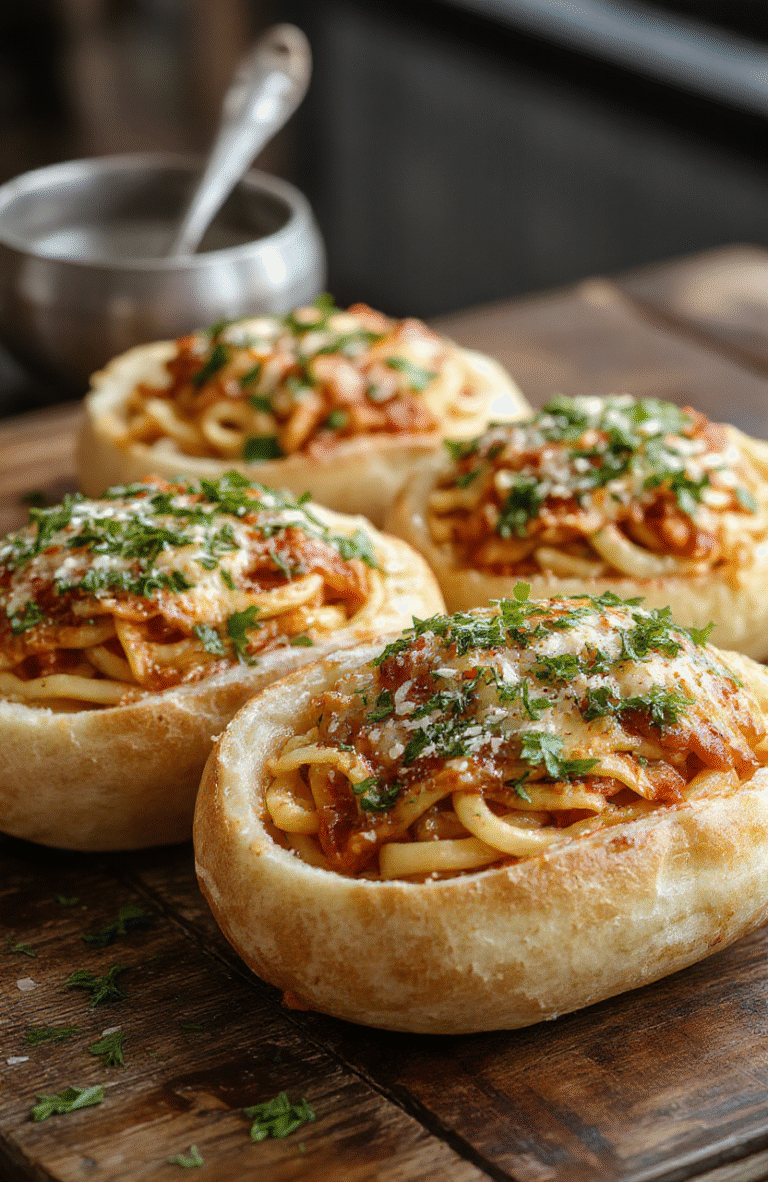Colorful garlic bread bowls filled with a glossy spaghetti and rich cheese, served on a rustic wooden table. The golden crispy edges contrast with the vibrant pasta, garnished with fresh herbs and a sprinkle of Parmesan, styled casually for a cozy dinner scene.