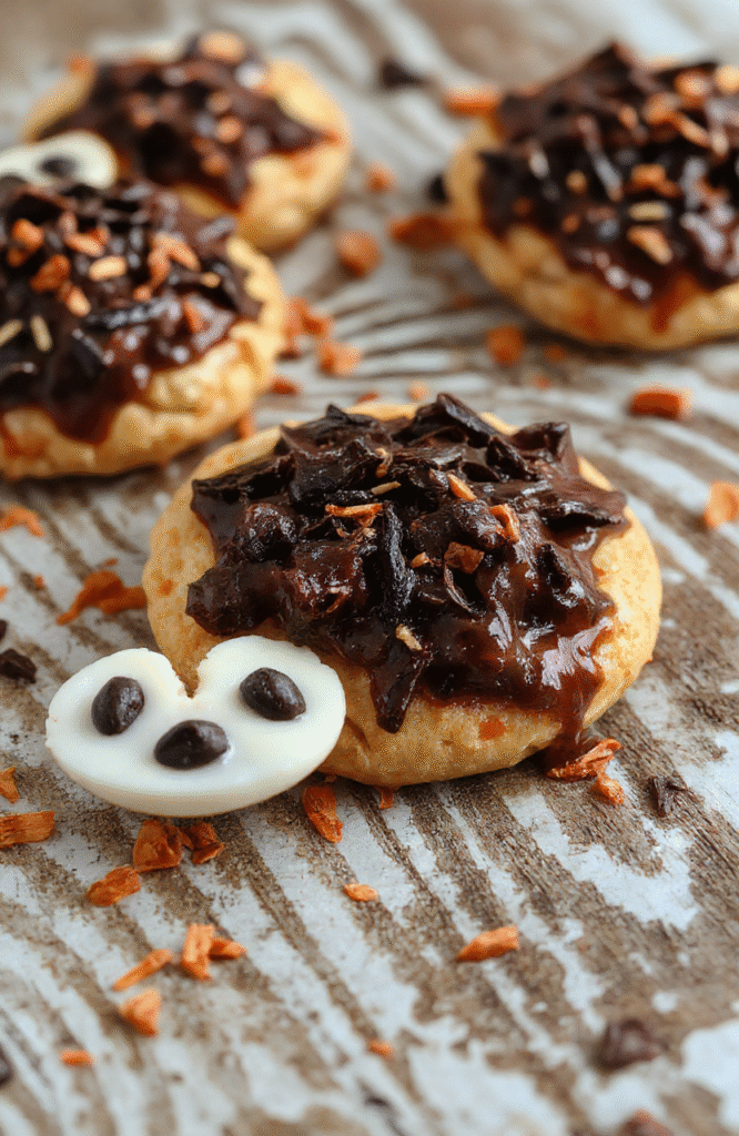 A vibrant Halloween-themed snack platter featuring creepy cookies, colorful candies, and fun shaped chips arranged on a spooky black tray, with orange and purple decorations in the background, textured surfaces and playful presentation.