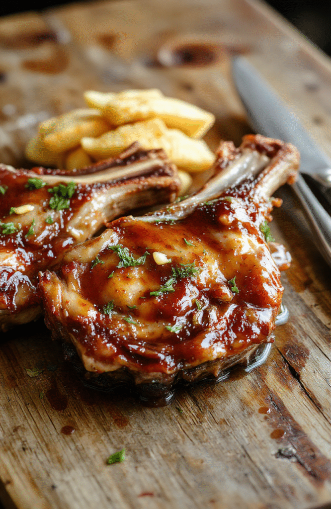A close-up of golden-brown boneless pork chops glazed with sticky honey garlic sauce, garnished with fresh herbs on a white plate with a vibrant background, showcasing a glossy sauce texture and tender meat.