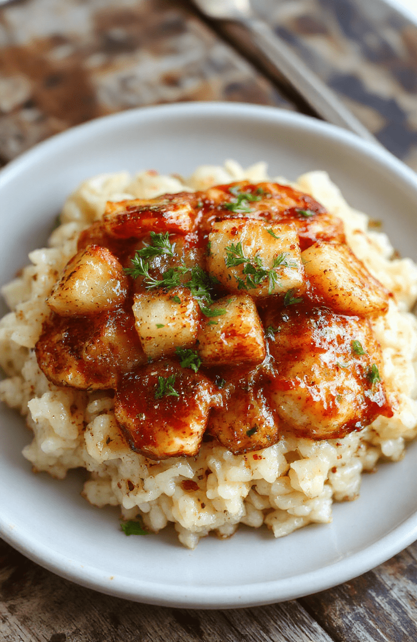 Colorful plated pineapple chicken and rice dish featuring tender chicken pieces topped with vibrant pineapple chunks, garnished with green herbs, served on a white plate with a backdrop of fresh ingredients, textured rice grains visible, glossy glaze on the chicken, styled casually with natural lighting highlighting the dish's bright and inviting colors.