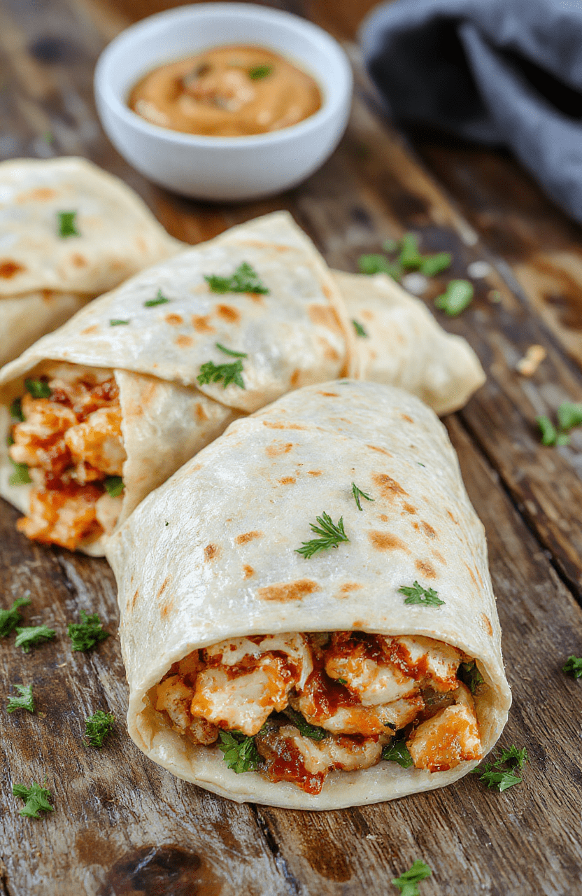A colorful plate featuring Thai peanut chicken wraps arranged neatly with vibrant vegetables, drizzled with creamy peanut sauce, styled on a rustic wooden surface