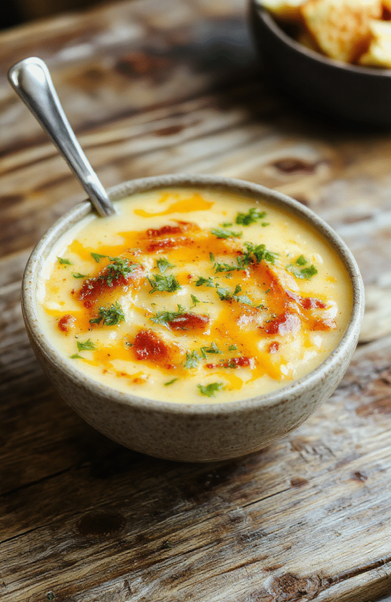 A comforting bowl of cheeseburger soup topped with shredded cheese, chopped pickles, and fresh herbs, served in a rustic bowl on a wooden table, with visible chunks of ground beef, melted cheese, and vibrant green garnish, styled casually for an inviting, homey feel.