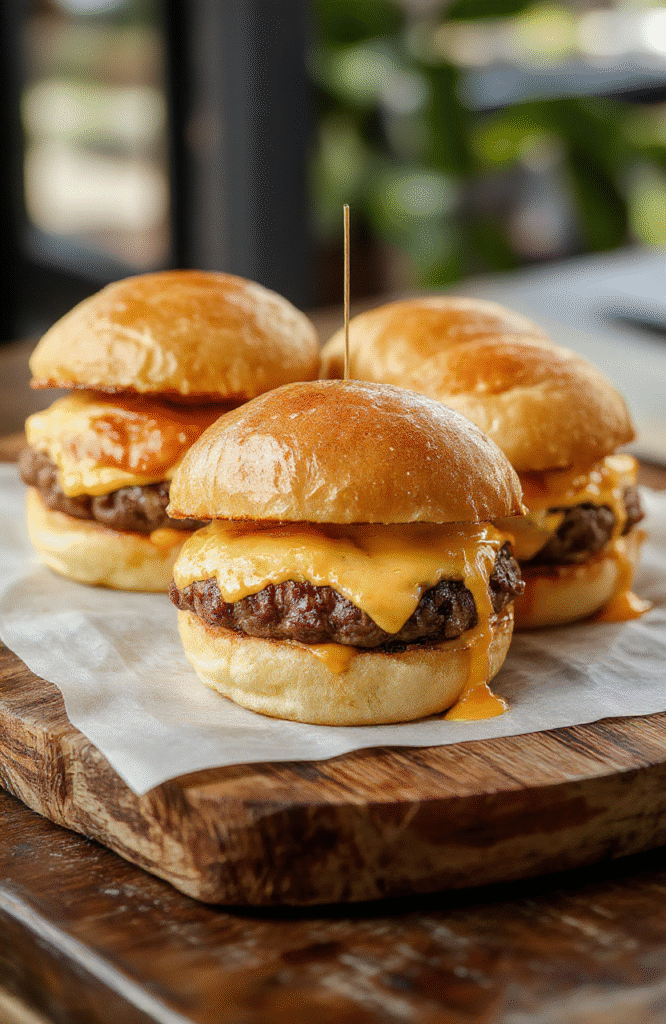 A close-up of golden-brown cheeseburger sliders arranged on a rustic wooden platter, topped with melted cheese, fresh lettuce, and sesame seed buns. The sliders look juicy, with gooey cheese stretching as they are slightly pulled apart, styled with vibrant greens and a background of casual party decor.