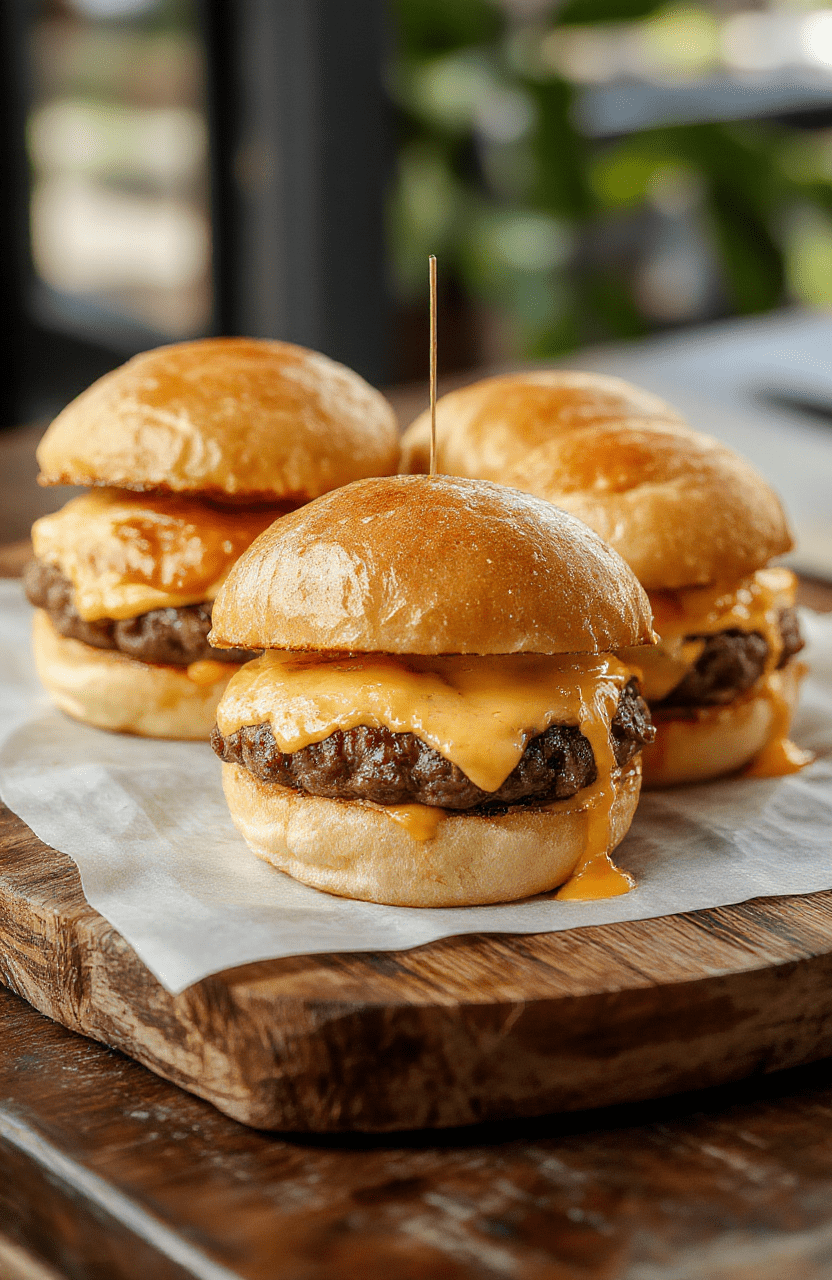 A close-up of golden-brown cheeseburger sliders arranged on a rustic wooden platter, topped with melted cheese, fresh lettuce, and sesame seed buns. The sliders look juicy, with gooey cheese stretching as they are slightly pulled apart, styled with vibrant greens and a background of casual party decor.