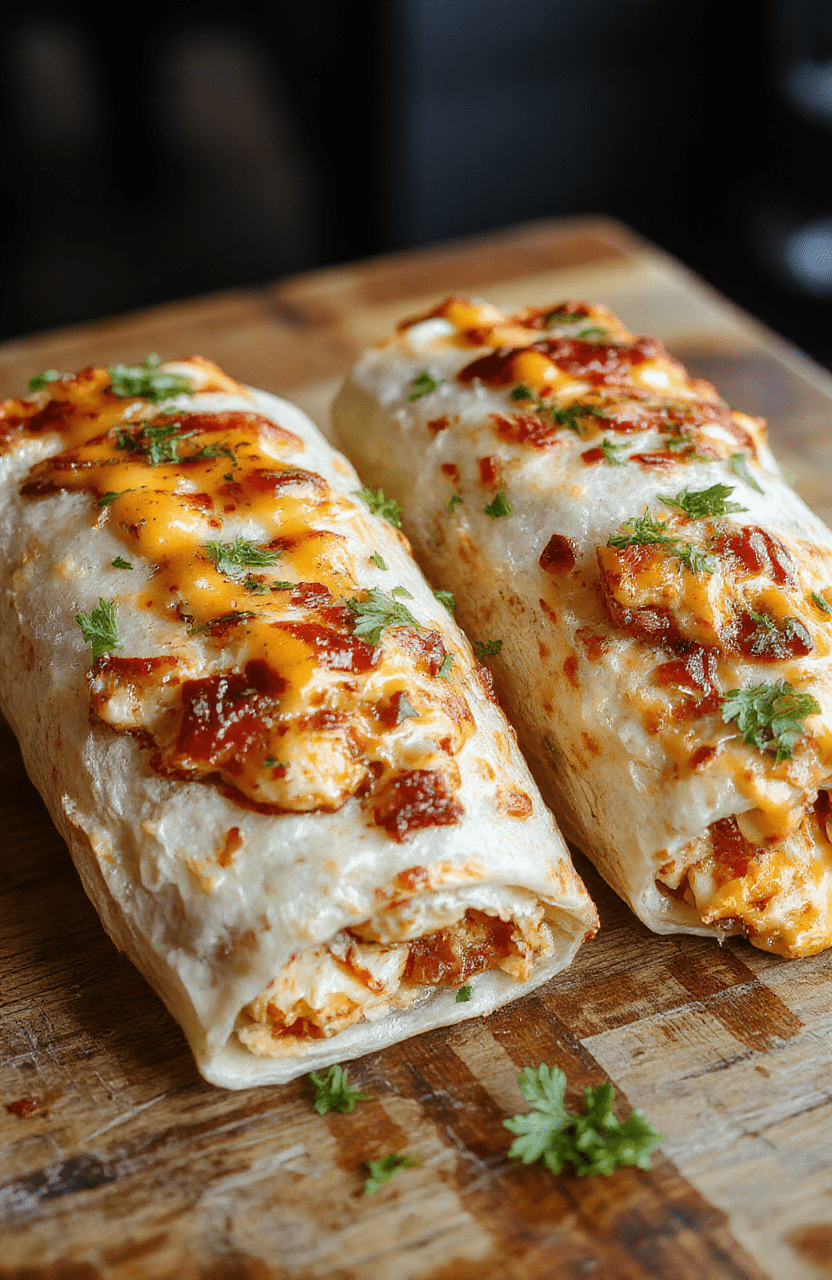 A close-up of a golden-brown chicken wrap sliced open to reveal melted cheese, crispy lettuce, and tender chicken, arranged on a rustic wooden board with a creamy dipping sauce nearby. Vibrant colors of fresh ingredients contrast with the textured wrap, styled casually with natural lighting to evoke an inviting homemade meal.