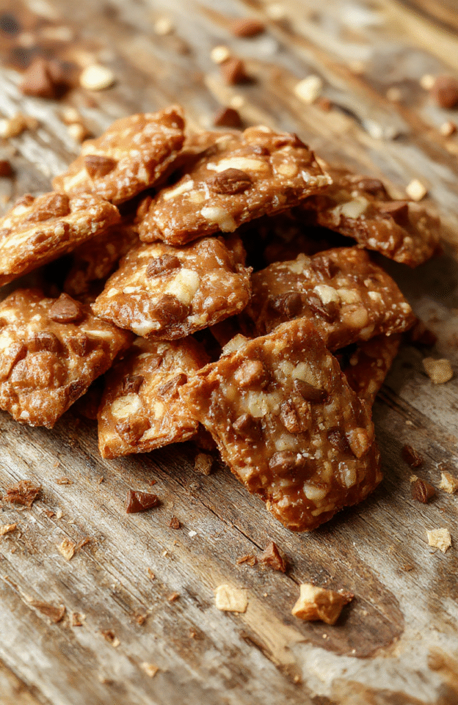 A close-up of golden-brown cracker toffee layered neatly on a white plate, drizzled with glossy chocolate and sprinkled with chopped nuts, creating a tempting, textured surface with a shiny finish and inviting appeal.