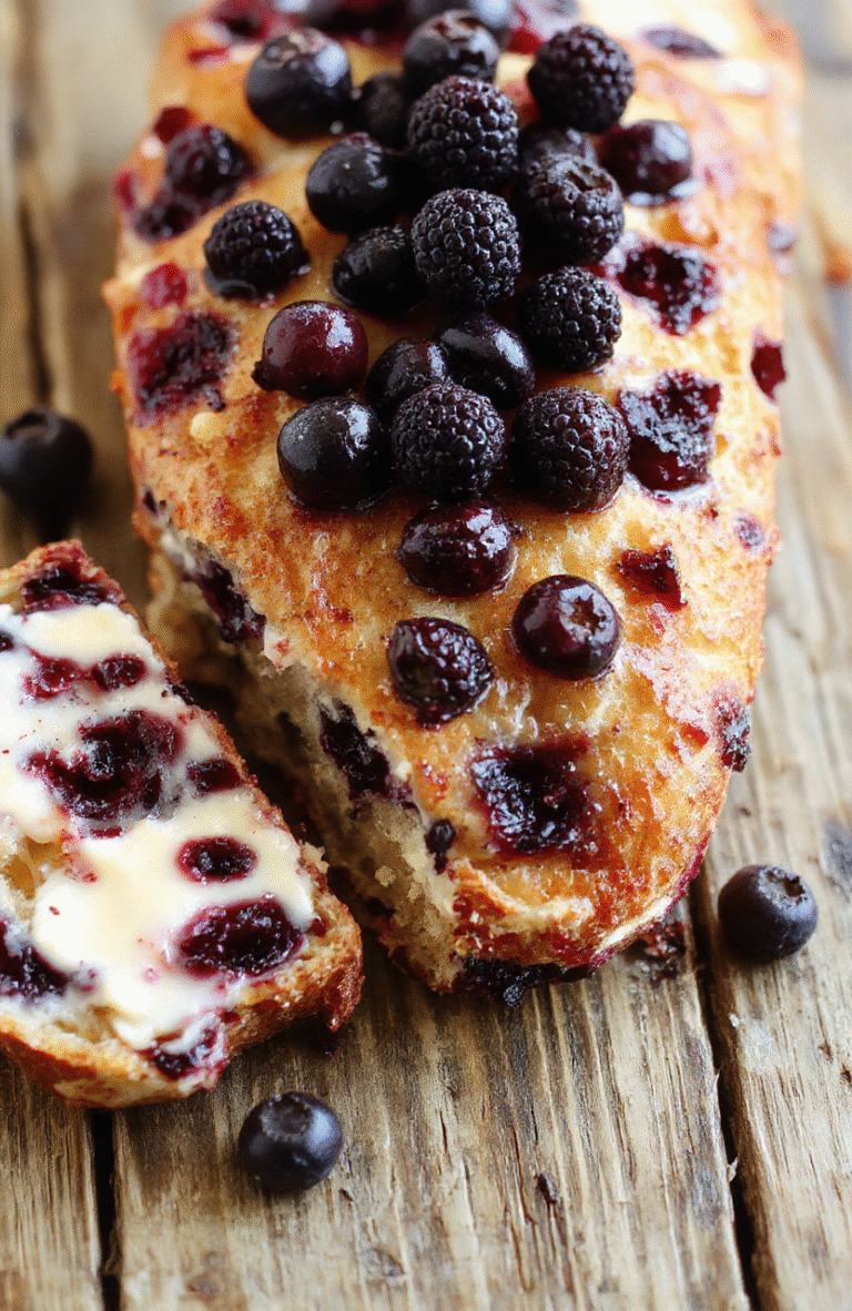 A vibrant slice of blueberry cream cheese bread with swirls of cream cheese and bursting blueberries, presented on a rustic wooden plate styled with fresh blueberries and mint leaves, with a soft-focus background highlighting the moist crumb and creamy swirl textures.