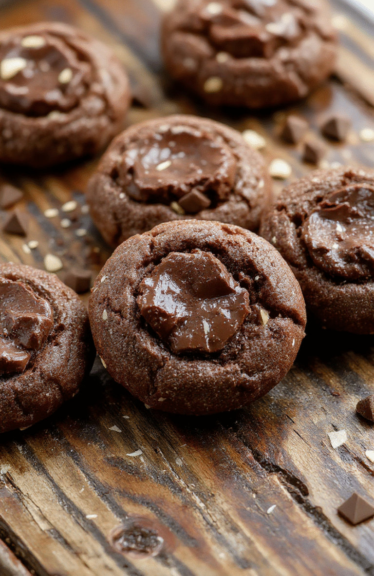 A close-up of chewy chocolate thumbprint cookies on a white plate, showcasing their rich fudgy surface with glossy chocolate filling, surrounded by scattered cocoa powder and a few loose cookie crumbs, styled with a rustic wooden background and soft natural light highlighting the textures.