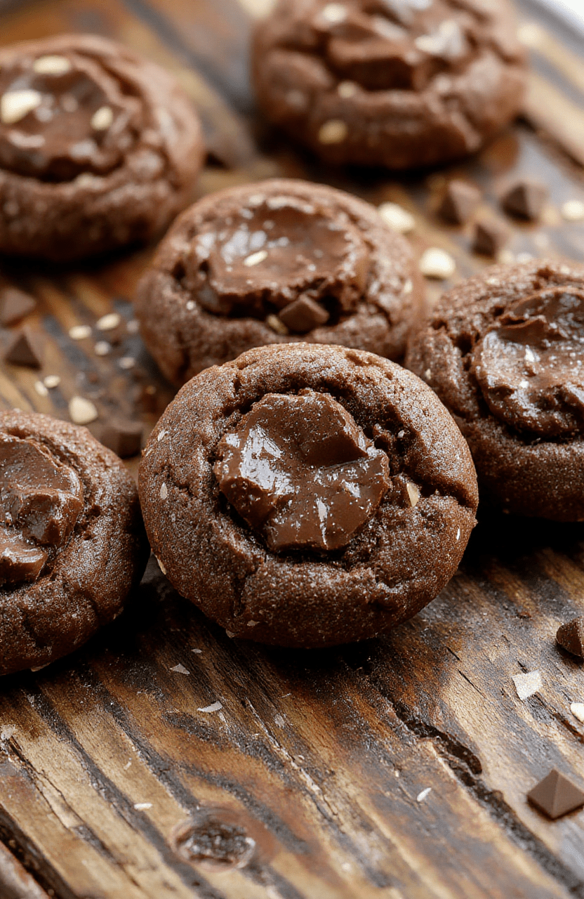 A close-up of chewy chocolate thumbprint cookies on a white plate, showcasing their rich fudgy surface with glossy chocolate filling, surrounded by scattered cocoa powder and a few loose cookie crumbs, styled with a rustic wooden background and soft natural light highlighting the textures.