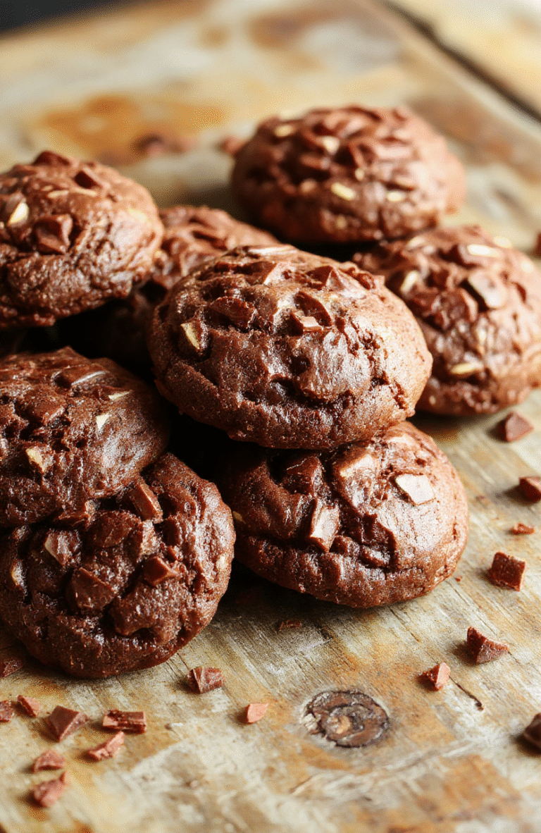 A close-up of chewy hot chocolate cookies arranged on a rustic wooden plate, sprinkled with powdered sugar and drizzled with melted chocolate, with a cozy winter background featuring a mug of hot chocolate and winter decor, textures contrasting smooth cookies with crumbly edges, styled for a warm, inviting look.