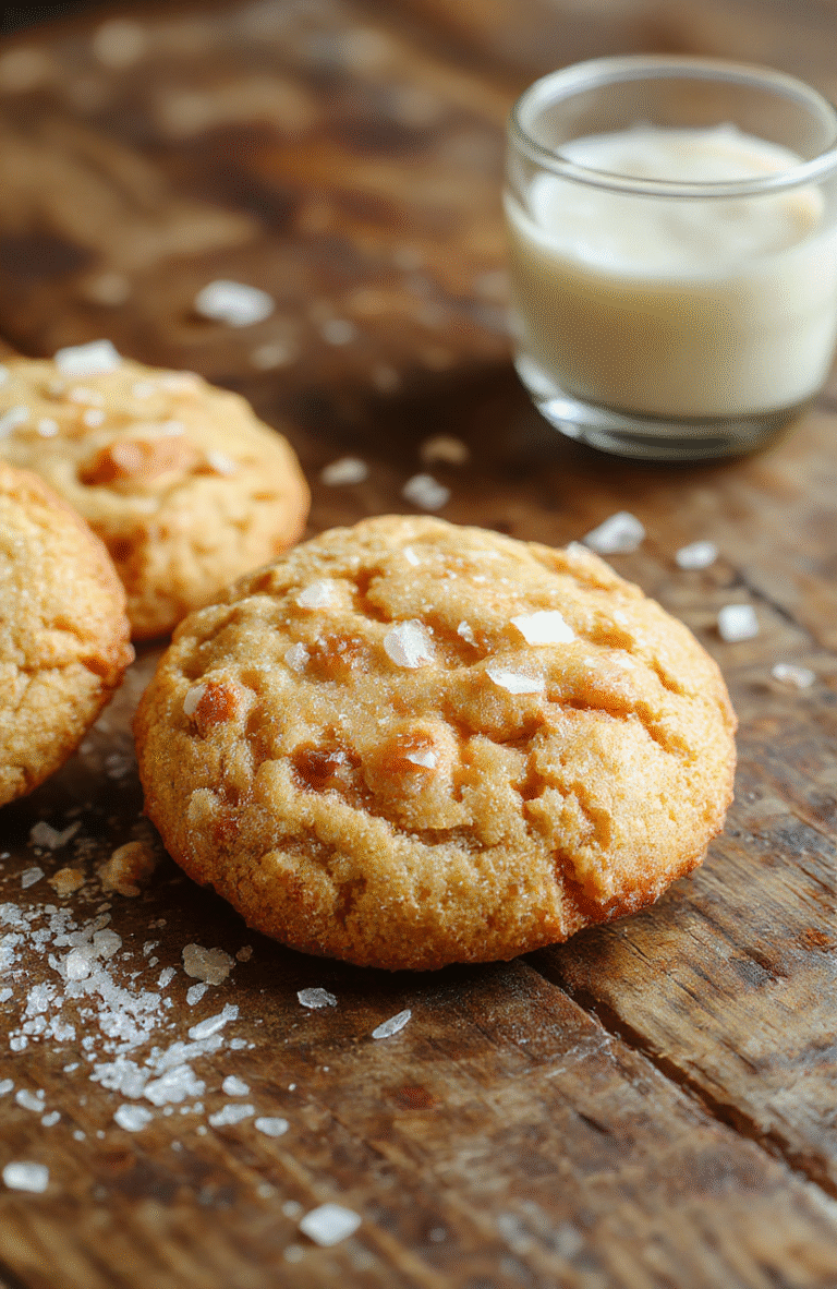 A close-up of chewy butterscotch cookies with a sprinkle of flaky sea salt on top, arranged on a rustic wooden platter, golden-brown edges, glossy butterscotch chunks visible, styled with a few scattered sea salt flakes and a soft-focus background emphasizing the warm tones.
