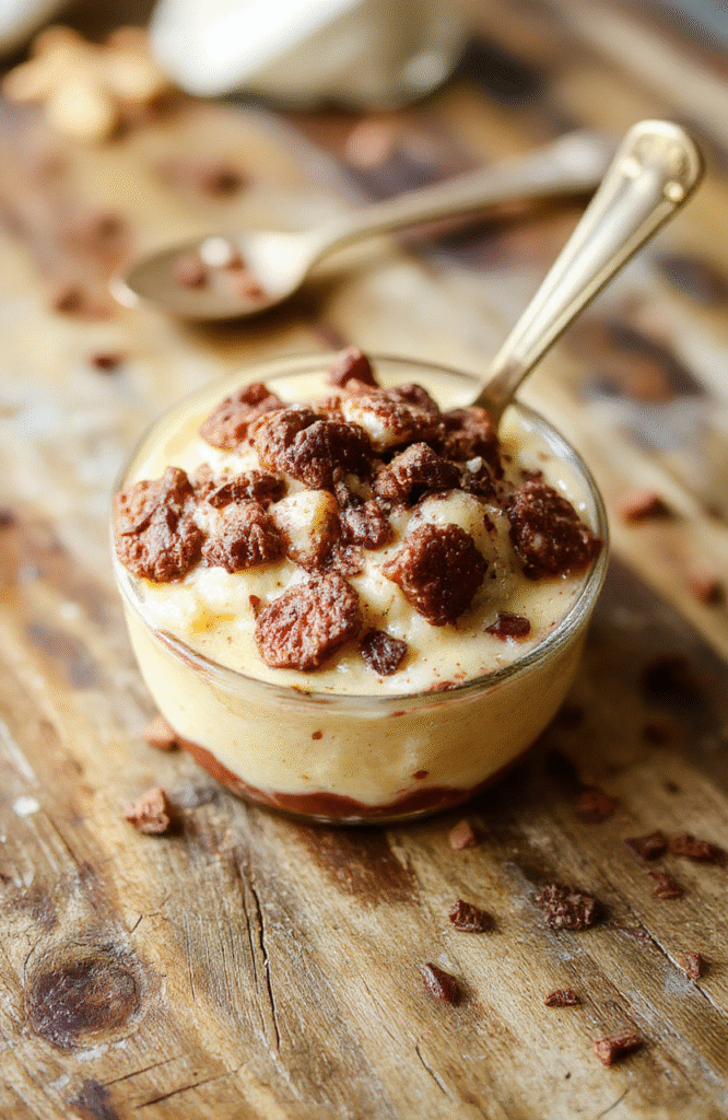 A beautifully plated classic dessert with layered textures, featuring rich chocolate and cream, garnished with fresh berries and a dusting of powdered sugar, styled on a rustic wooden surface with soft natural daylight highlighting the indulgent appeal.