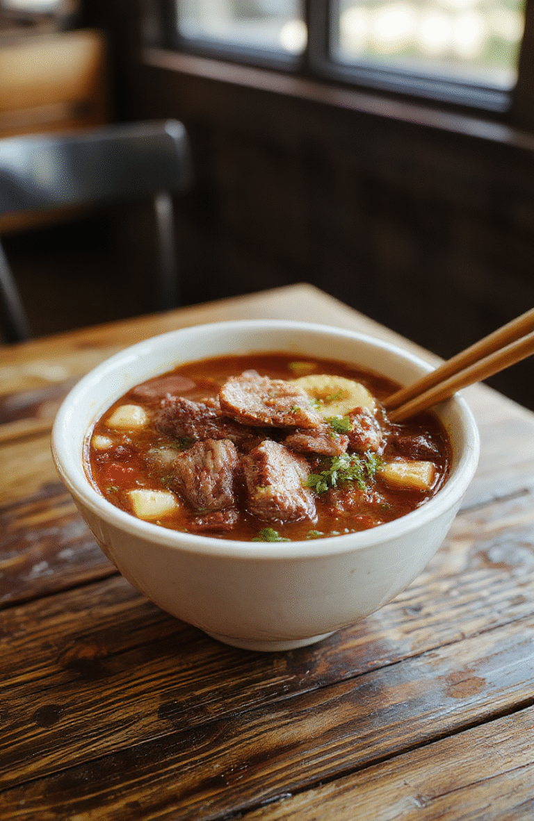 A steaming bowl of beef ramen noodles on a rustic wooden table, featuring tender beef slices, vibrant green scallions, soft boiled eggs, and perfectly cooked chewy noodles, with a rich savory broth, styled in a cozy, warm setting.