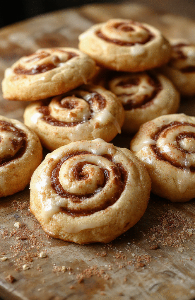 A plate of warm cinnamon roll cookies topped with creamy icing, surrounded by cinnamon sticks and fallen leaves, with a cozy autumn-themed background in earthy tones. The cookies have a golden-brown crust with swirls of cinnamon filling, styled simply on a rustic wooden surface.