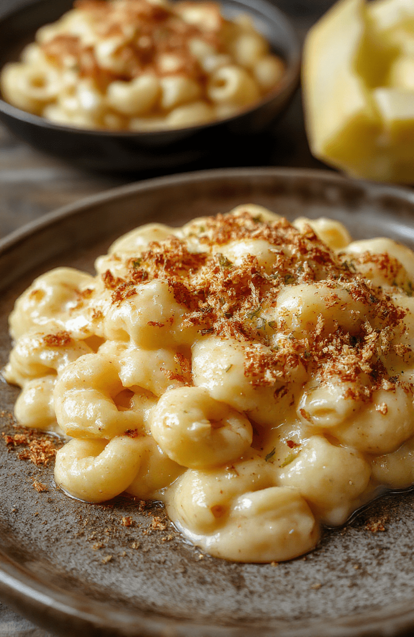 A rich, creamy baked mac and cheese served in a rustic ceramic dish, topped with golden melted cheese and crispy breadcrumbs; vibrant yellow cheese sauce, tender pasta, and garnished with fresh herbs, styled on a wooden table with soft natural lighting.