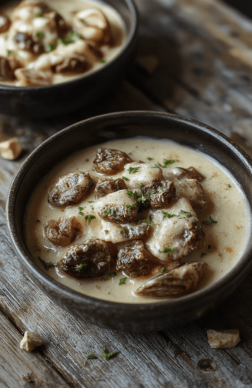 A vibrant plate showcasing tender beef mixed with perfectly cooked pasta shells, coated in a luscious creamy sauce. The dish is garnished with fresh herbs, and the warm colors emphasize its comforting appeal, presented on a rustic wooden table with a cozy, inviting backdrop.