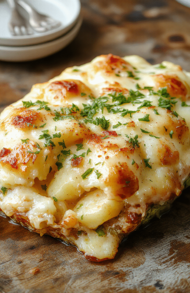 A beautifully layered potato gratin in a rustic ceramic dish, golden-brown melted cheese topping, creamy interior visible at edges, garnished with fresh herbs, styled on a wooden board with a cozy holiday ambiance