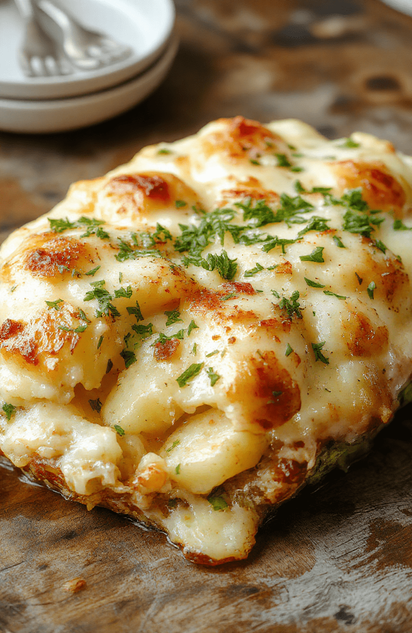 A beautifully layered potato gratin in a rustic ceramic dish, golden-brown melted cheese topping, creamy interior visible at edges, garnished with fresh herbs, styled on a wooden board with a cozy holiday ambiance