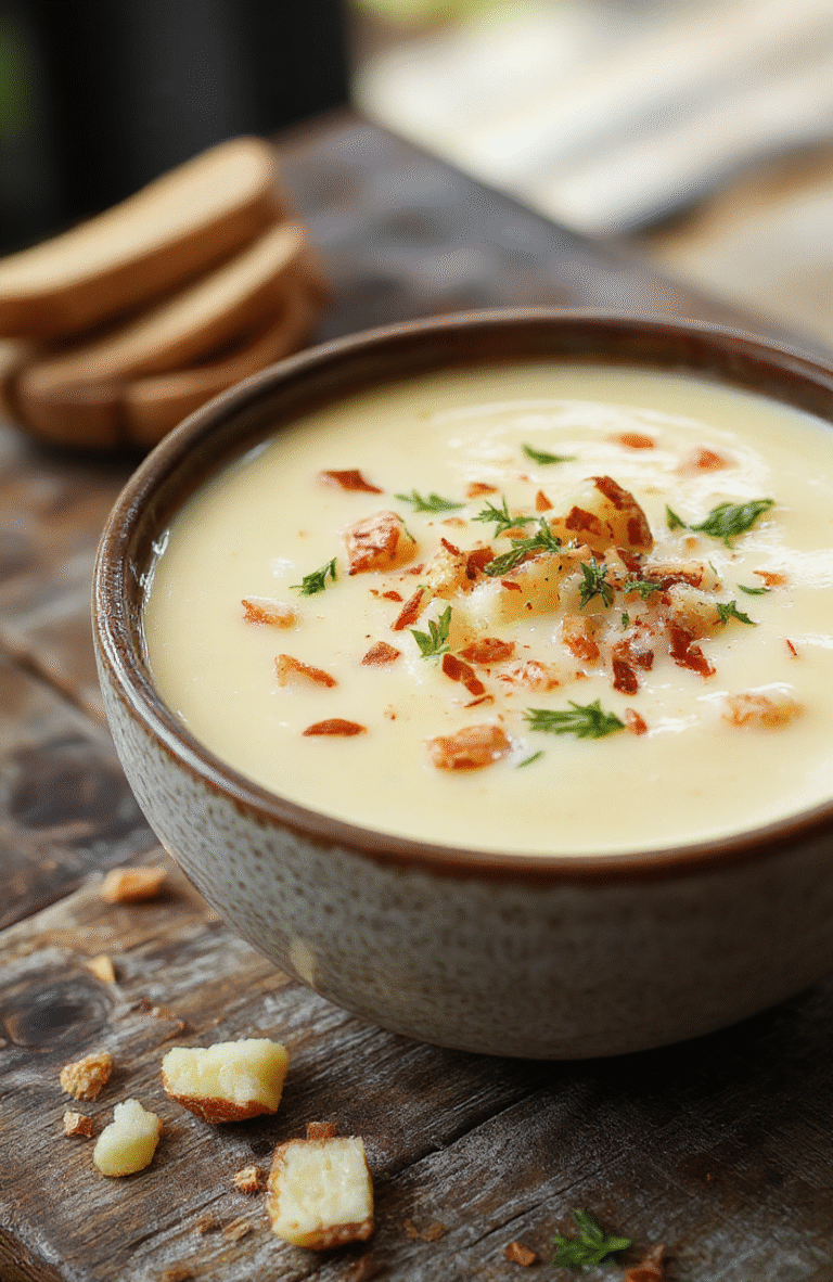 A warm bowl of creamy loaded potato soup topped with shredded cheese, crispy bacon bits, chopped green onions, and a dollop of sour cream, served in a rustic bowl on a wooden table, with a spoon and fresh herbs around, vibrant colors, textured toppings, inviting and cozy presentation.