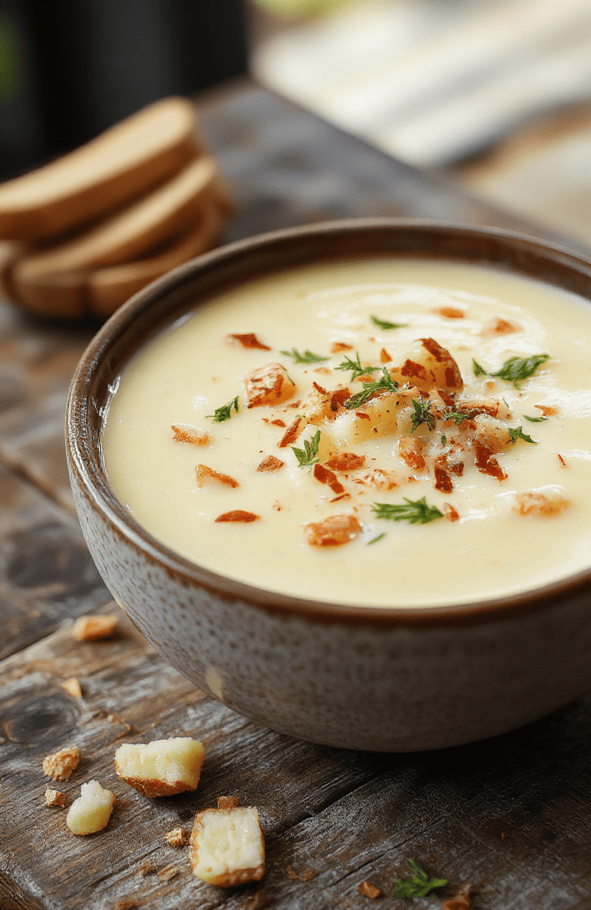 A warm bowl of creamy loaded potato soup topped with shredded cheese, crispy bacon bits, chopped green onions, and a dollop of sour cream, served in a rustic bowl on a wooden table, with a spoon and fresh herbs around, vibrant colors, textured toppings, inviting and cozy presentation.