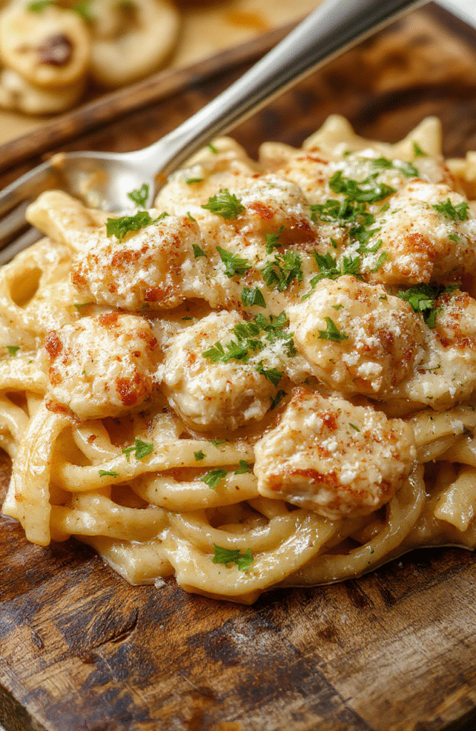 A close-up of a creamy parmesan chicken pasta dish served in a white bowl, topped with freshly grated parmesan cheese and chopped parsley, with tender pieces of chicken, al dente pasta coated in a rich, creamy sauce, set against a rustic wooden table with natural daylight highlighting the textures.
