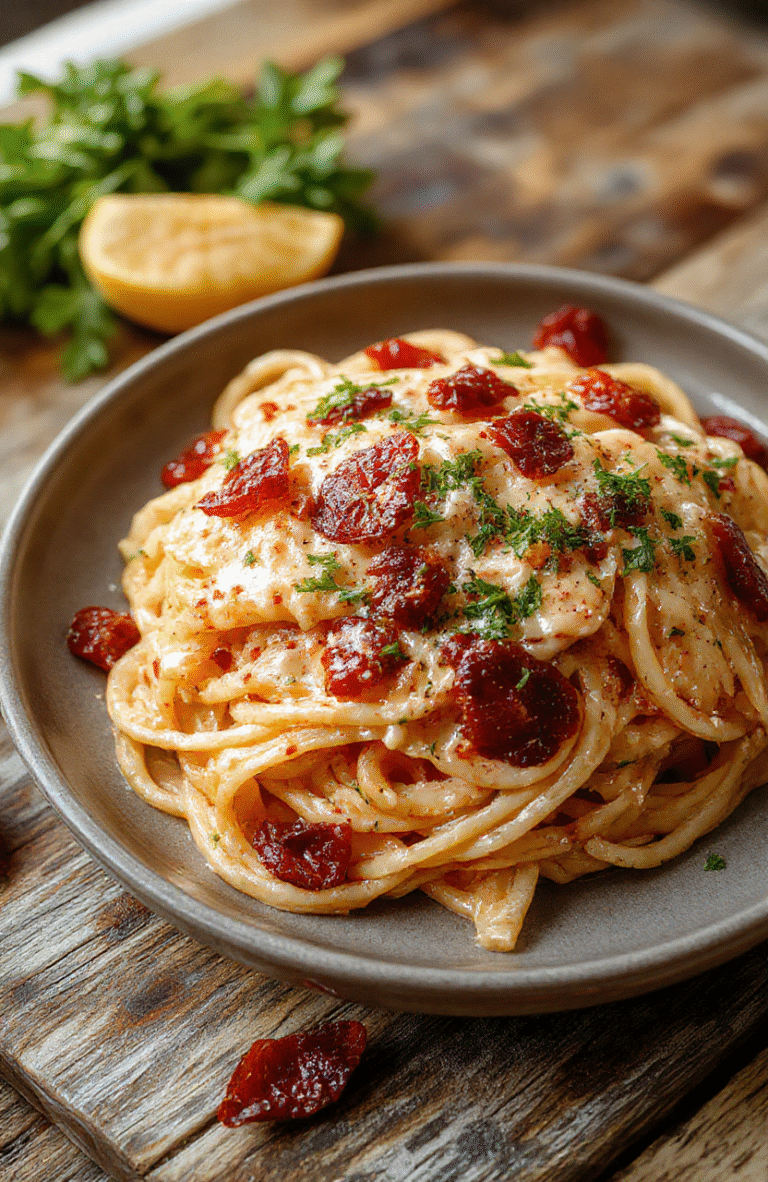 A vibrant plate of creamy spaghetti topped with sun-dried tomatoes, garnished with fresh basil and grated Parmesan on a rustic wooden table with natural sunlight highlighting the rich textures and colors.