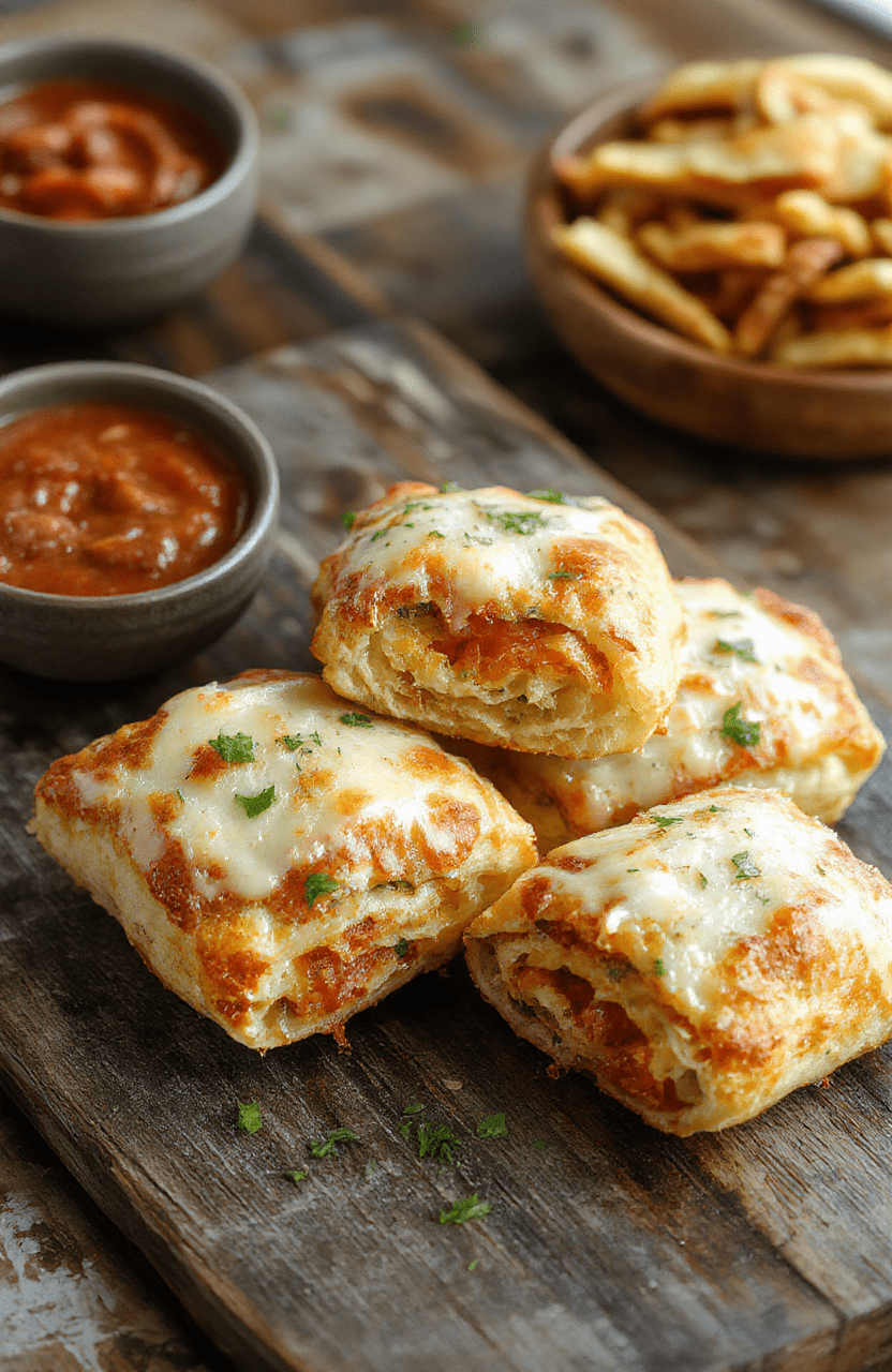 Golden-brown air fryer pizza rolls arranged on a white plate, with melted cheese and pepperoni visible inside, crispy edges, styled with fresh basil leaves for color contrast, casual tabletop setup with a neutral background.