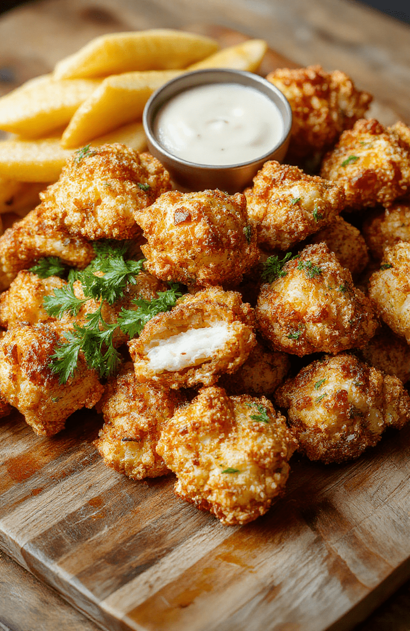 Golden crispy baked popcorn chicken arranged on a rustic wooden platter, with a side of fresh green herbs and dipping sauce. The chicken pieces have a crunchy textured coating, with steam rising slightly, styled casually on a neutral background for an inviting appearance.