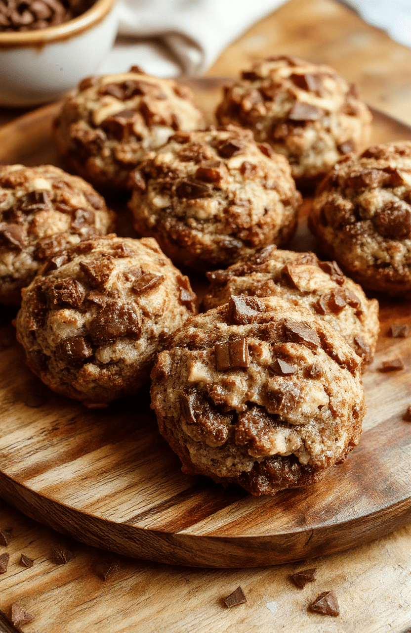 A close-up of crumbled coffee cake cookies topped with a golden, buttery crumble, arranged on a rustic wooden plate with a coffee cup in the background, warm tones, inviting and delicious texture visible