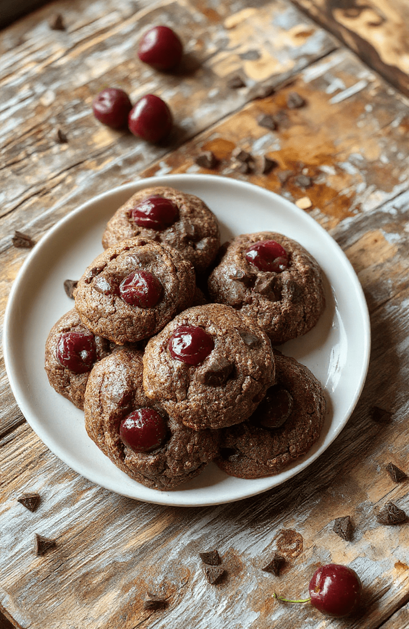 A plate of rich, chocolate cherry cookies with a glossy cherry on top, surrounded by scattered fresh cherries and cocoa powder on a rustic wooden table, styled with a sprinkle of powdered sugar for a festive look