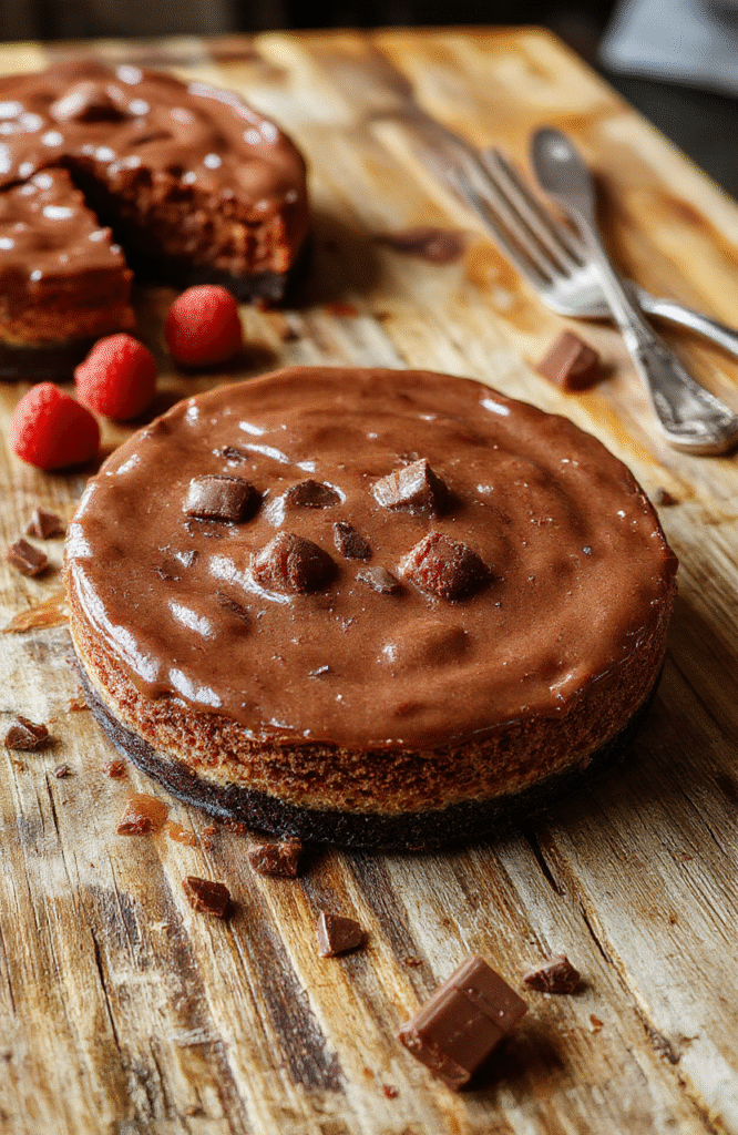 A luscious slice of German chocolate cheesecake on a rustic white plate, topped with a drizzle of chocolate ganache and sprinkled with toasted coconut and pecans. The creamy cheesecake reveals layers of rich chocolate and sweet coconut filling, with a crumbly graham cracker crust at the base. The presentation is styled on a natural wooden surface with soft, inviting lighting emphasizing the texture and decadence of the dessert.