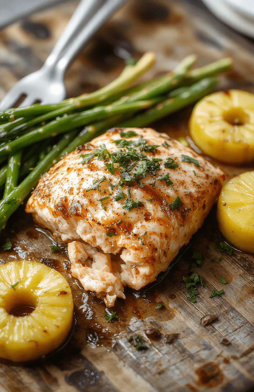 A beautifully plated baked pineapple salmon fillet on a white ceramic plate, garnished with fresh herbs and pineapple slices, vibrant yellow pineapple and pink salmon contrast with the dark wooden background, styled simply with a sprig of parsley for a fresh look, inviting and colorful