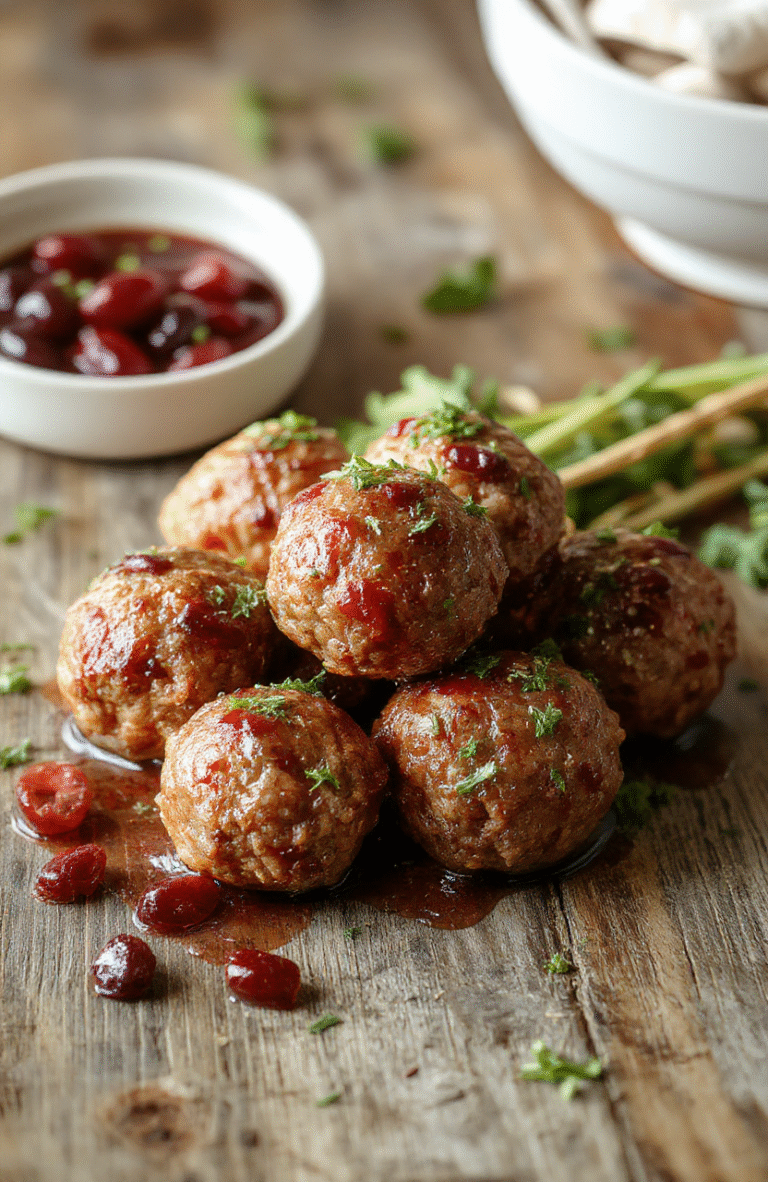 A plate of glossy cranberry meatballs garnished with fresh herbs, served on a festive red and green table with Christmas decorations in soft focus, showcasing their vibrant red glaze and tender texture.