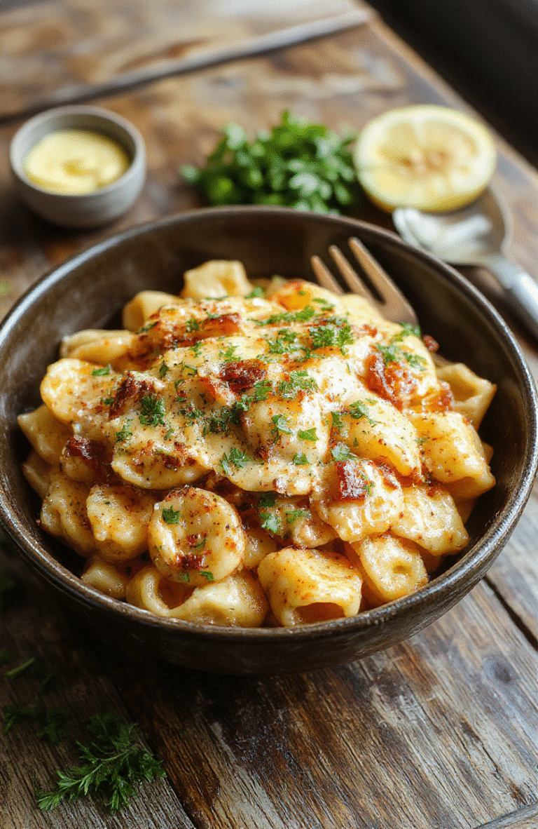 A vibrant bowl of creamy Cajun pasta with colorful bell peppers and sliced sausage on a rustic wooden table, garnished with fresh herbs, showcasing a rich, smooth sauce with hints of spice, styled casually for an inviting look.