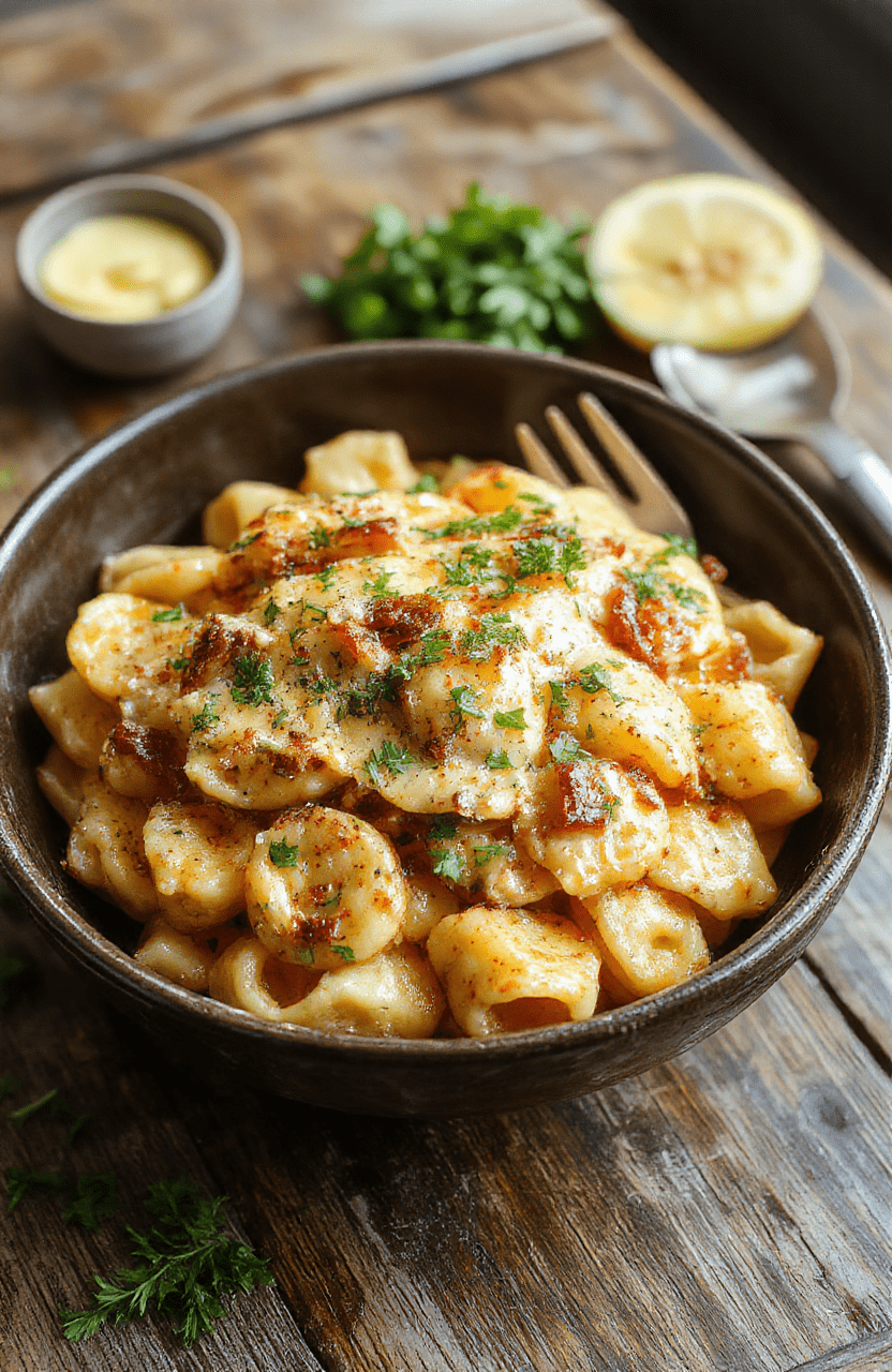 A vibrant bowl of creamy Cajun pasta with colorful bell peppers and sliced sausage on a rustic wooden table, garnished with fresh herbs, showcasing a rich, smooth sauce with hints of spice, styled casually for an inviting look.