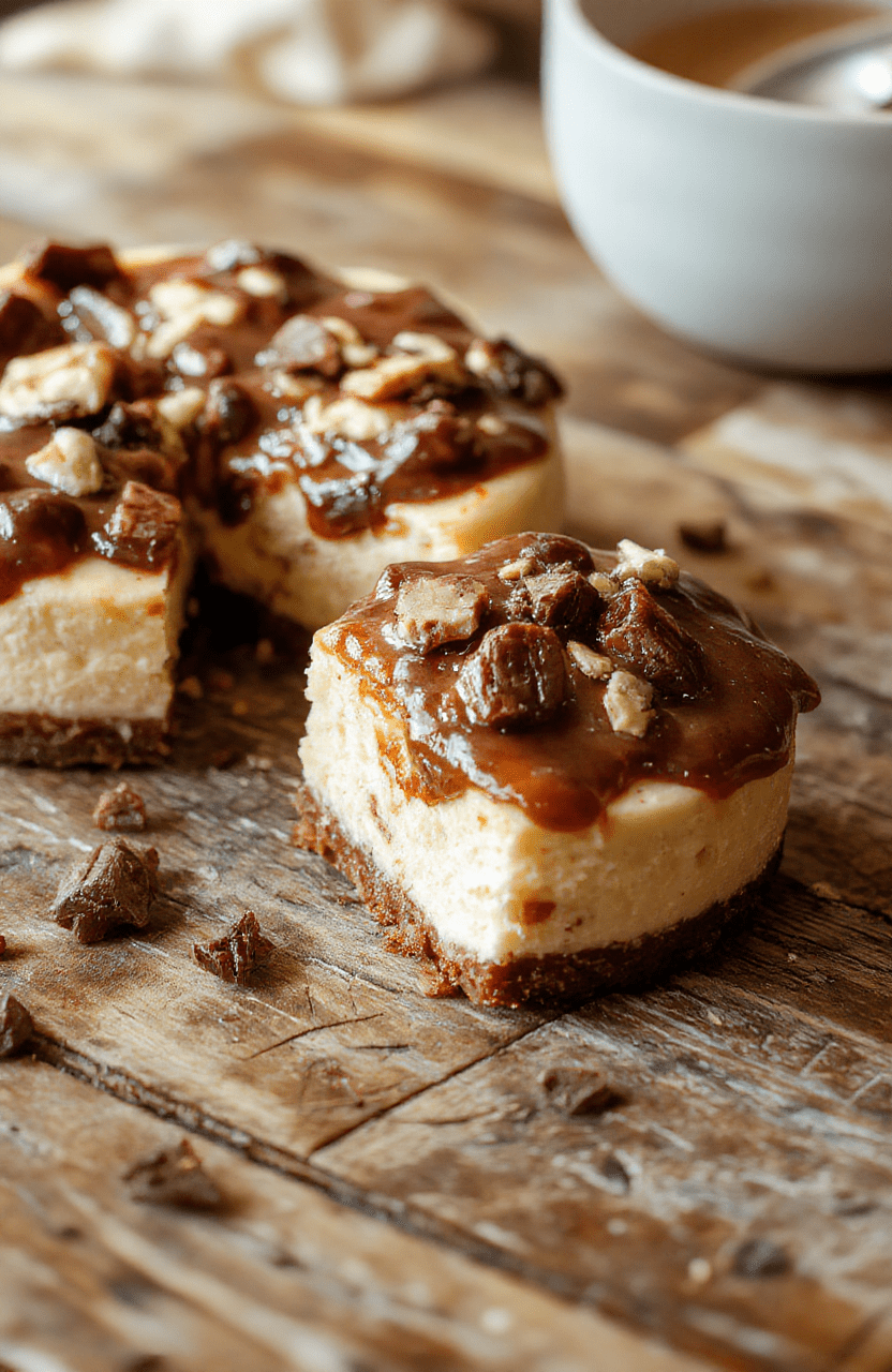 A rich, creamy turtle cheesecake sliced to reveal a smooth caramel and chocolate topping, garnished with pecans and drizzled with extra caramel sauce, styled on a white ceramic plate with a rustic wooden background and soft natural light highlighting the glossy caramel and textured crust.