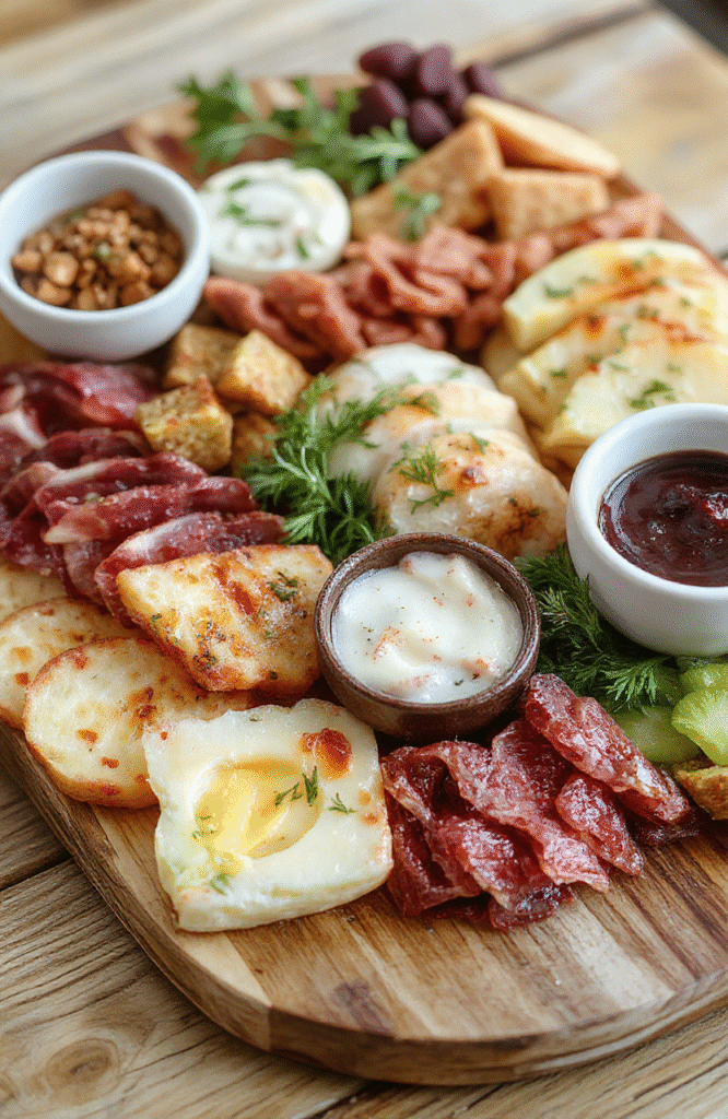 A colorful holiday charcuterie board featuring an assortment of cheeses, cured meats, fresh fruits, nuts, and crackers, artfully arranged on a rustic wooden platter. The vibrant reds and greens of cranberries and herbs add festive charm, with textures ranging from creamy cheeses to crunchy nuts, all styled for an inviting holiday presentation.