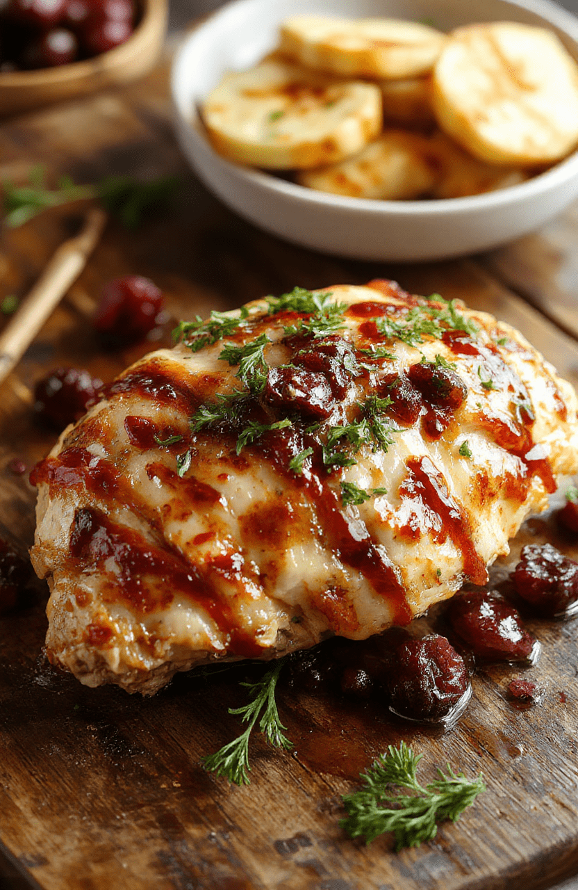 A vibrant plate featuring golden-brown baked chicken topped with melty Brie cheese, fresh cranberries, and garnish of herbs, styled on a rustic wooden table with festive holiday decor in the background, capturing a warm and inviting holiday dinner scene, with rich textures and bright colors.
