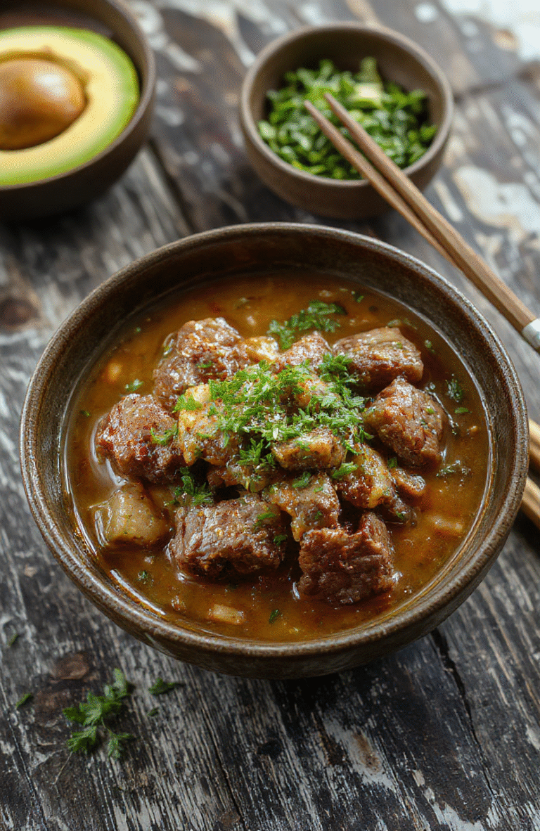 A colorful Korean beef bowl featuring sautéed beef strips, steamed rice, sliced green onions, sesame seeds, and pickled vegetables, all neatly arranged in a rustic bowl with vibrant textures and fresh ingredients.