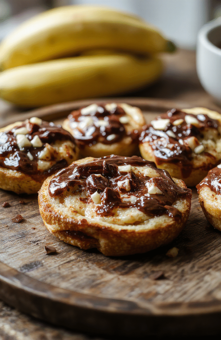 Colorful Nutella toast pies arranged on a rustic wooden plate with a golden-brown crispy crust, drizzled with extra Nutella, surrounded by scattered hazelnuts and a splash of powdered sugar, styled simply with a soft background light.