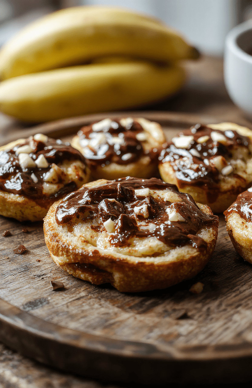 Colorful Nutella toast pies arranged on a rustic wooden plate with a golden-brown crispy crust, drizzled with extra Nutella, surrounded by scattered hazelnuts and a splash of powdered sugar, styled simply with a soft background light.