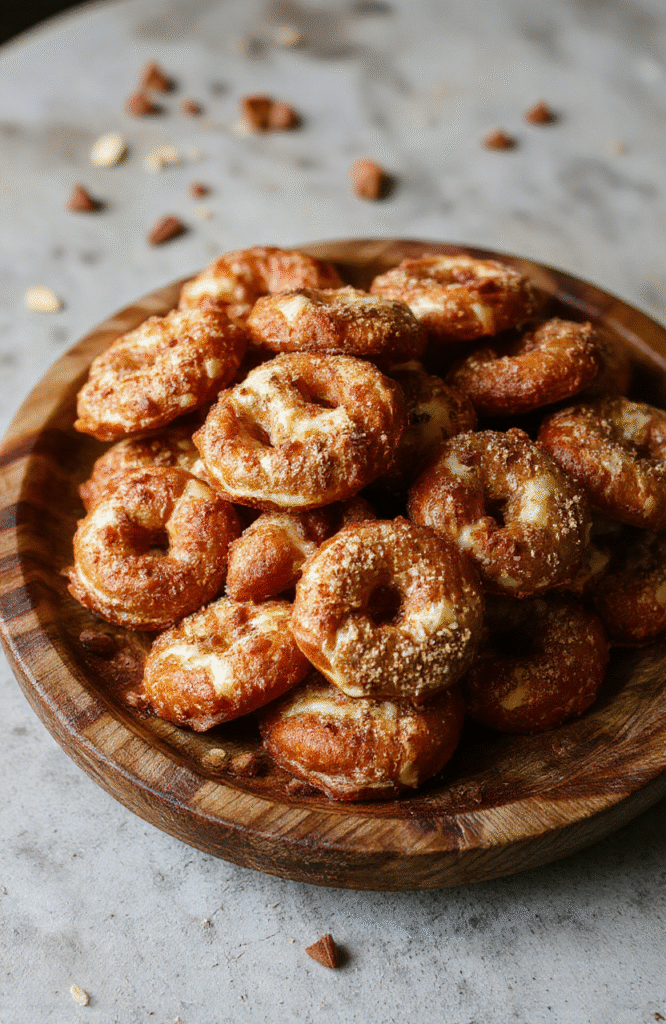 A close-up of golden-brown pretzel bites topped with melted Rolo chocolates and a sprinkle of crushed pretzels, arranged on a rustic wooden plate with a glossy finish, capturing the glossy melted chocolates and crunchy pretzel bits, styled simply for a casual, inviting presentation.