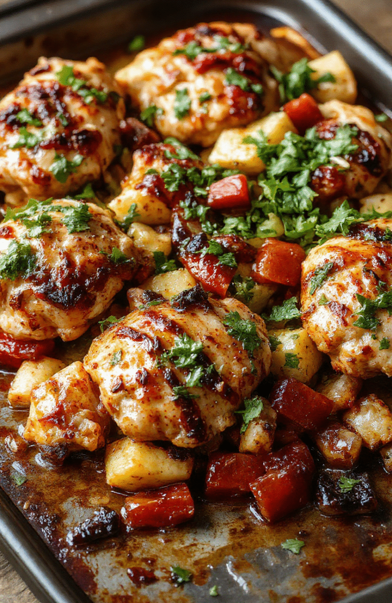 Colorful chicken fajitas on a white sheet pan, with vibrant sliced bell peppers and onions, tender chicken strips, garnished with fresh cilantro, styled simply on a rustic wooden surface