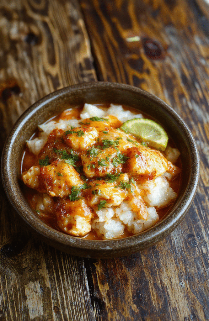 A colorful plate featuring tender smothered chicken atop fluffy rice, topped with creamy gravy, garnished with fresh herbs, set on a rustic wooden table, with a warm and inviting ambiance.