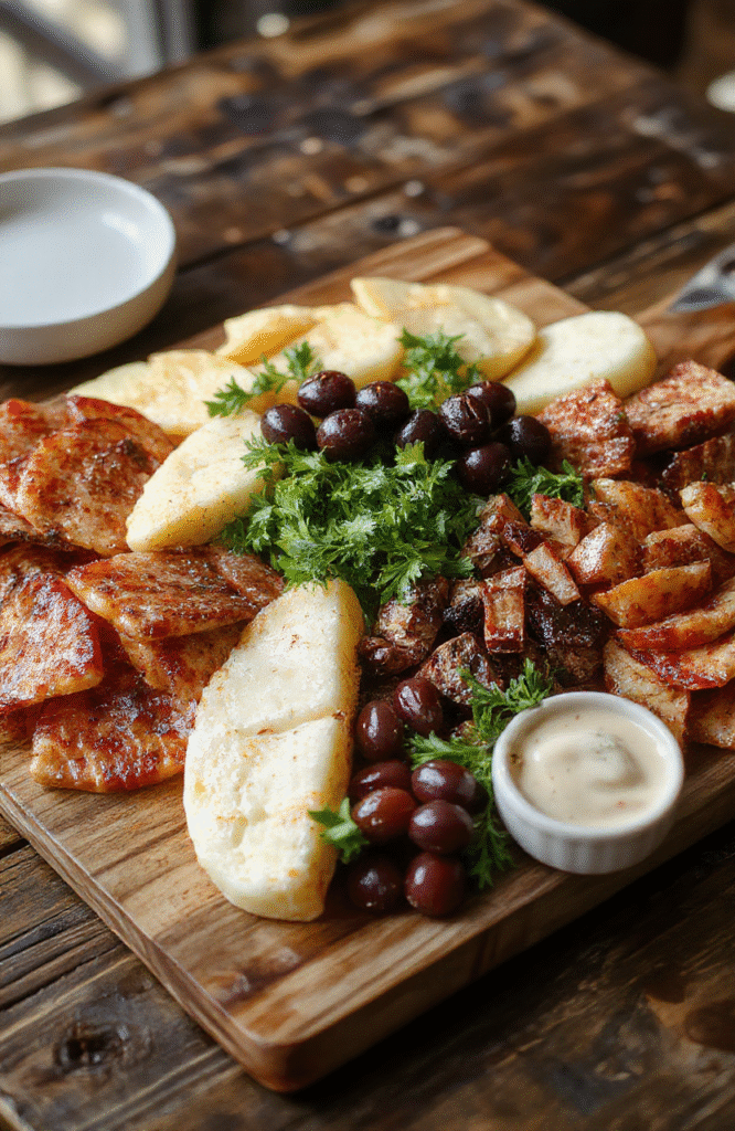 A vibrant assortment of charcuterie components on a rustic wooden board, featuring cured meats, assorted cheeses, fresh fruits, nuts, and crackers, styled for an elegant party presentation with colorful ingredients and textured elements, shot in natural daylight with soft shadows.