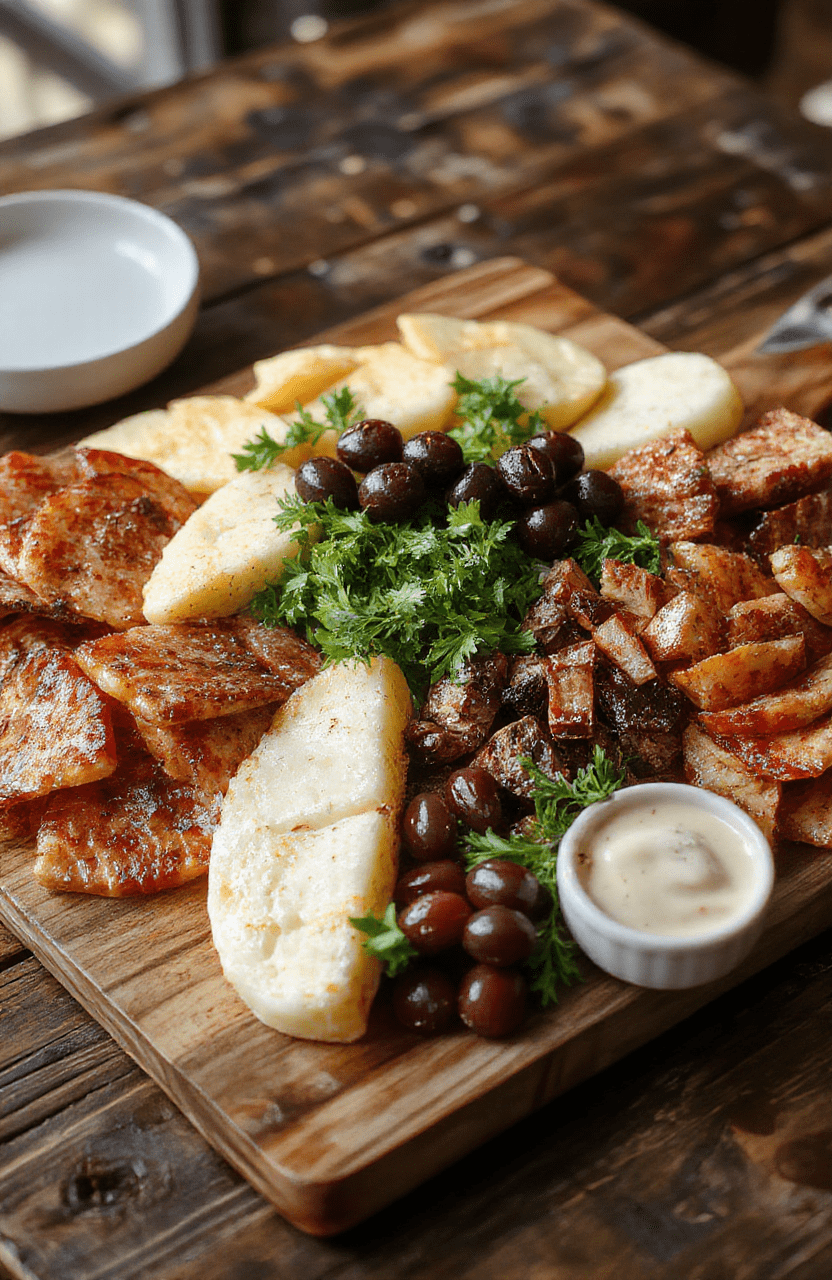 A vibrant assortment of charcuterie components on a rustic wooden board, featuring cured meats, assorted cheeses, fresh fruits, nuts, and crackers, styled for an elegant party presentation with colorful ingredients and textured elements, shot in natural daylight with soft shadows.