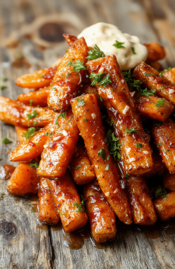 A colorful plate of glossy glazed carrots arranged neatly on a white ceramic dish, garnished with fresh herbs. The carrots are tender, shiny, and vibrant orange, with a caramelized glaze that adds a rich sheen. The background features a rustic wooden table with soft natural daylight highlighting the textures and bright colors, styled simply for an inviting holiday presentation.