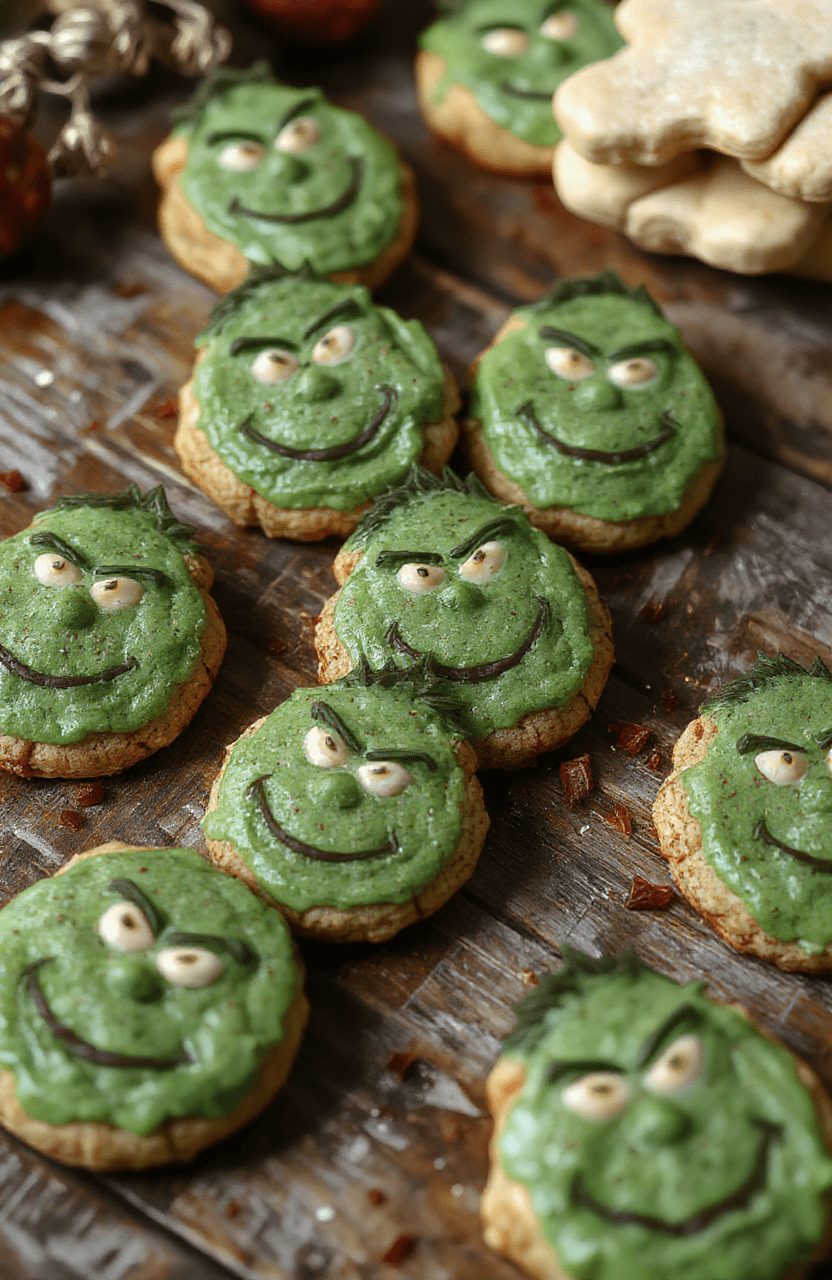 Colorful festive Grinch cookies styled on a rustic wooden platter with vibrant green frosting, red candies, and sprinkles, accented by holiday decor, natural daylight, and soft shadows, creating a cheerful and inviting holiday scene.